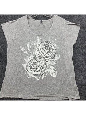 Bleeker & McDougal Sequin Beaded Flower Tee 2X Gray Relaxed Fit Whimsy Indie Y2K